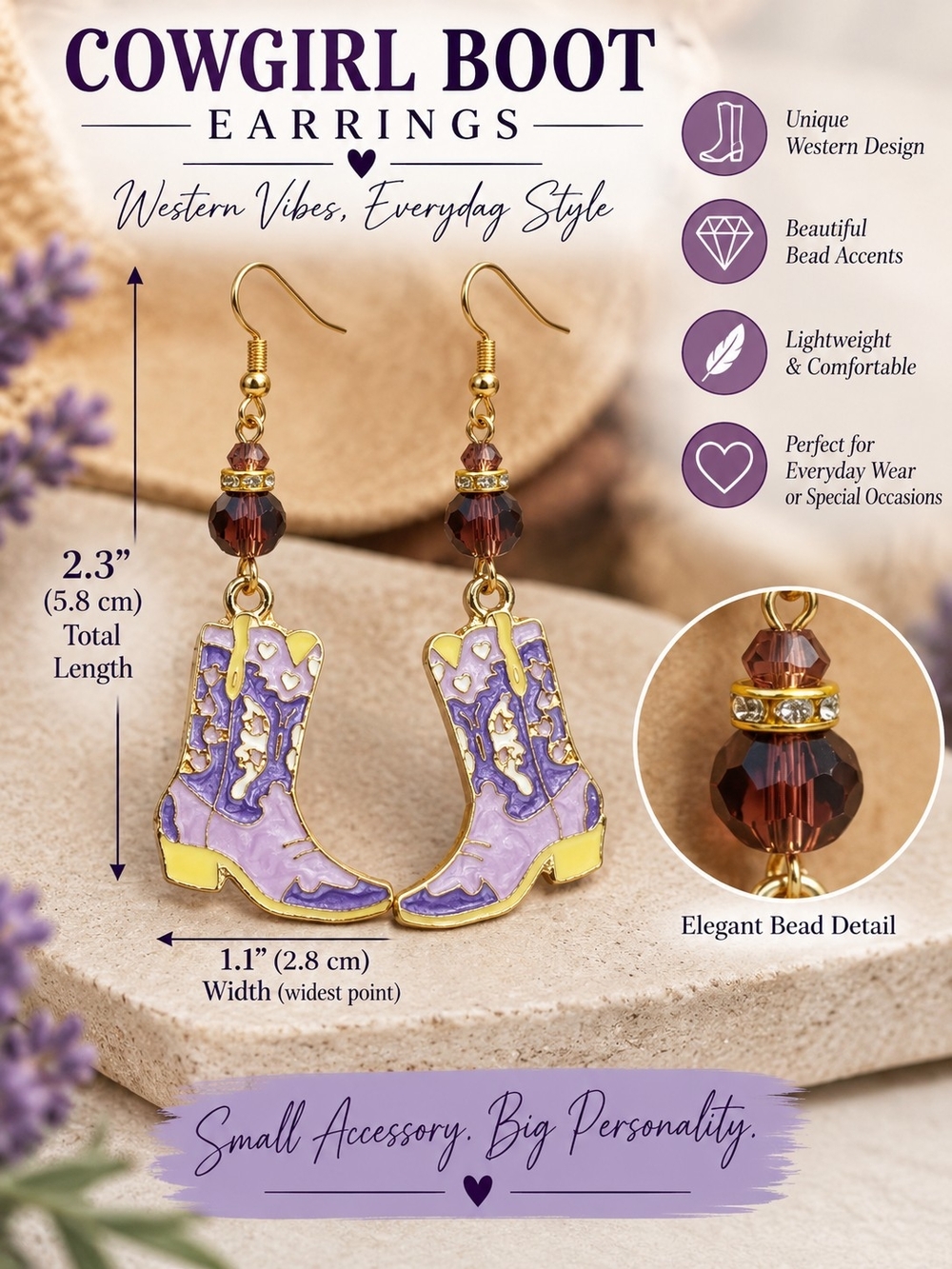 A90. Cowgirl Boot Earrings Western Purple & Gold NWT
